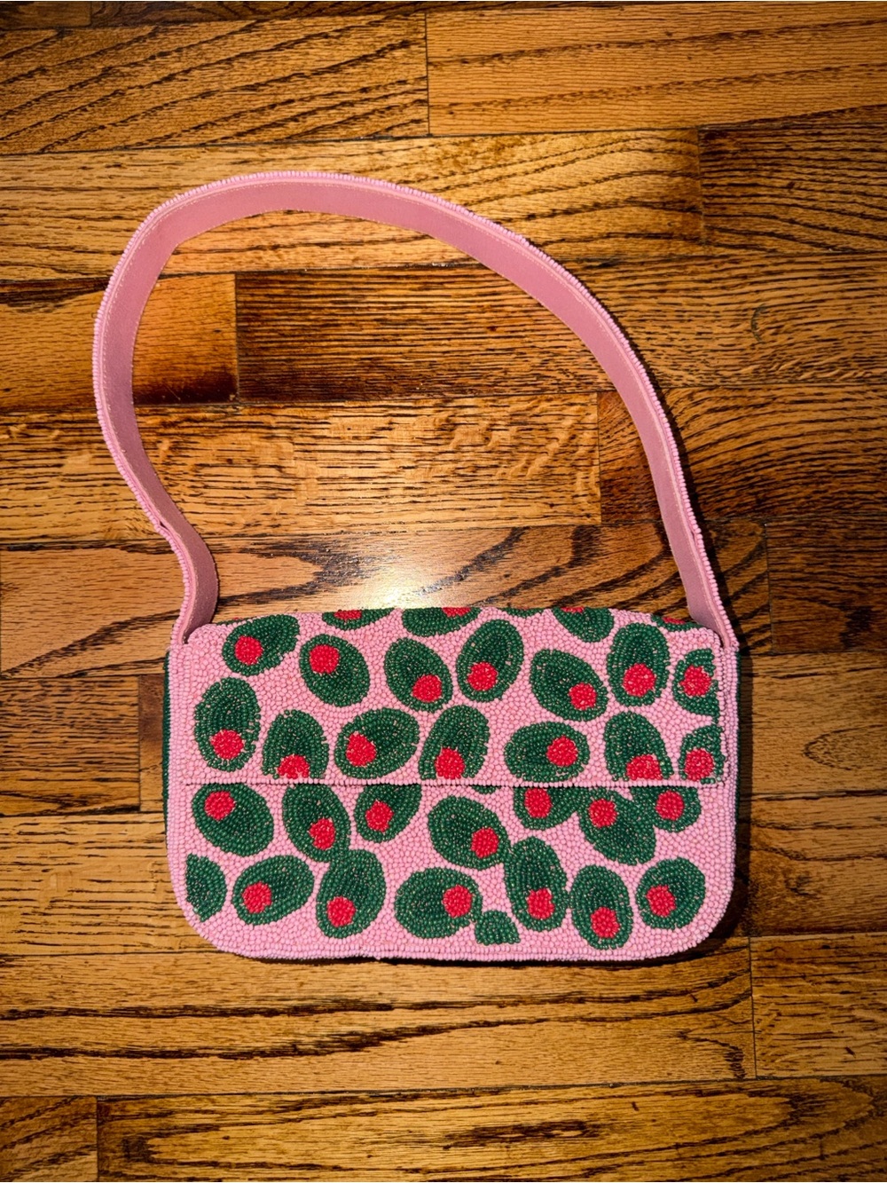 Anthropologie Pink Beaded Shoulder Bag with Green & Red Accents